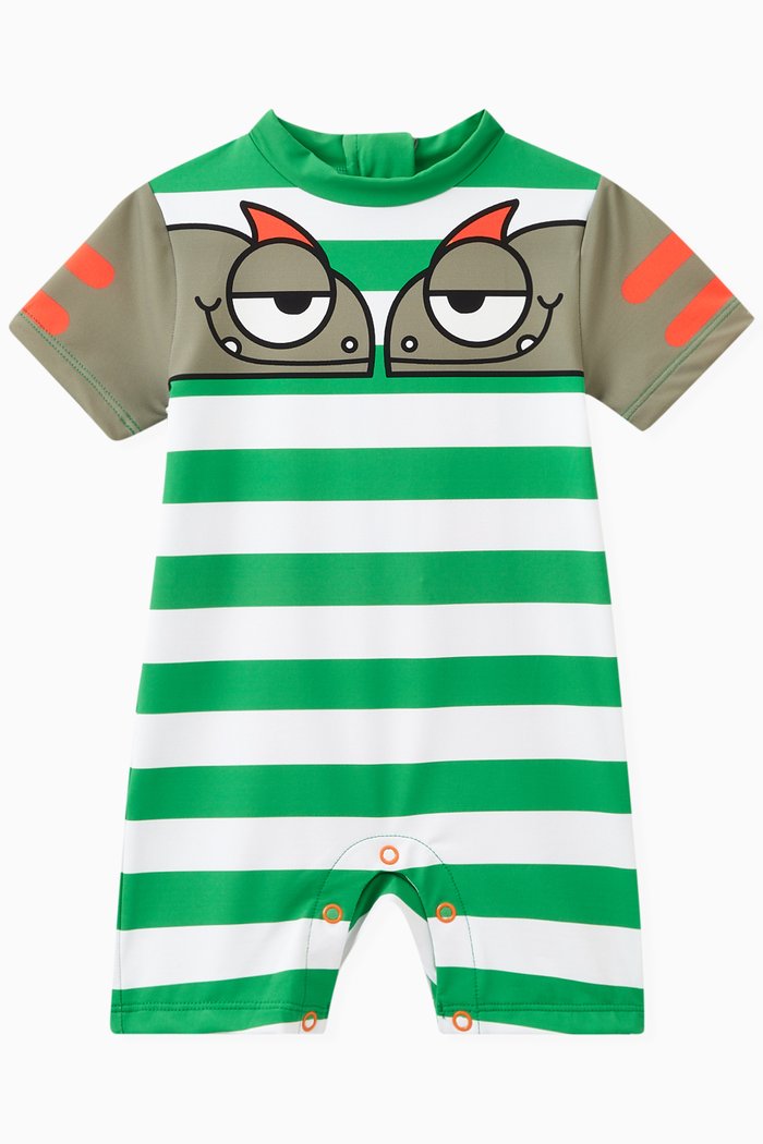 

Double Gecko Print Striped Swimsuit in Stretch Nylon, Green