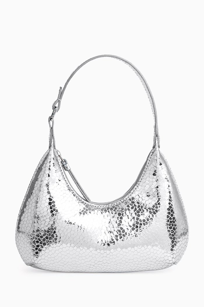 

Baby Amber Shoulder Bag in Metallic Leather, Silver