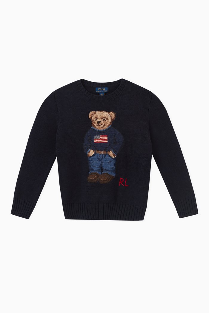 

Bear Embroidered Sweater in Cotton, Blue