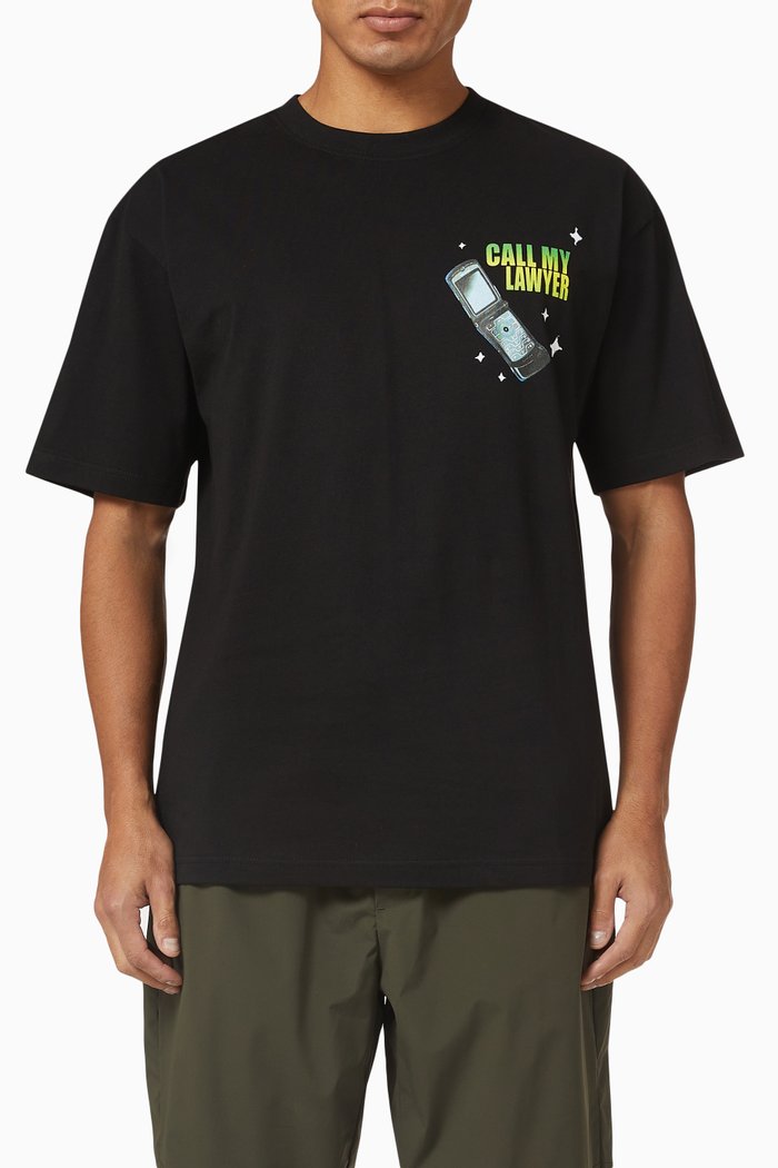 

Call My Lawyer Act Now T-shirt in Cotton, Black