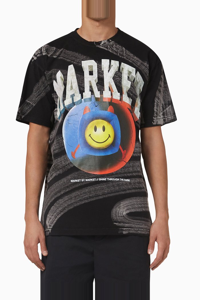 Smiley Happiness Within Tie-Dye T-Shirt in Cotton, Black