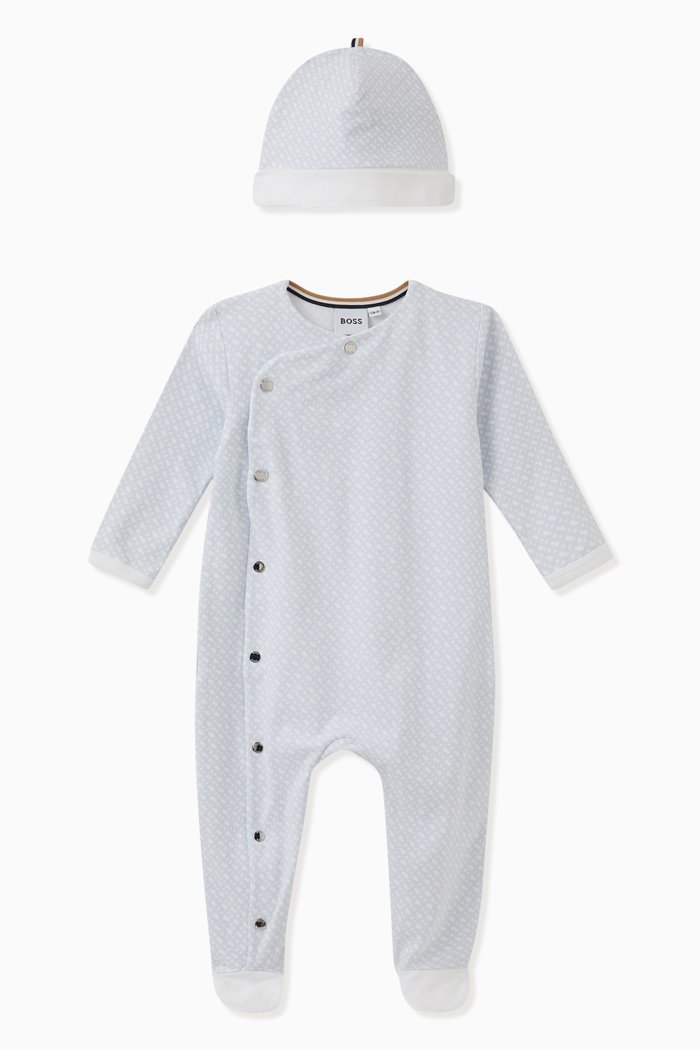 Monogram Sleepsuit & Hat Set in Cotton-jersey, Blue