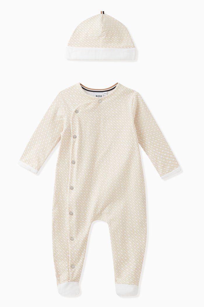 

Monogram Print Pyjamas & Hat Set in Cotton, Neutral
