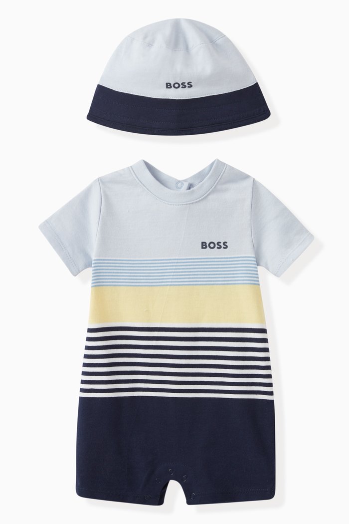 

Colourblocked Romper & Bucket Hat Set in Cotton, Blue
