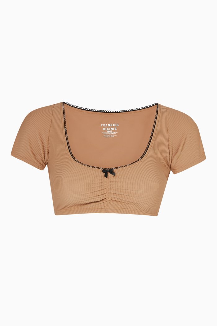 

Nicolette Bow Bikini Top in Ribbed Nylon, Brown