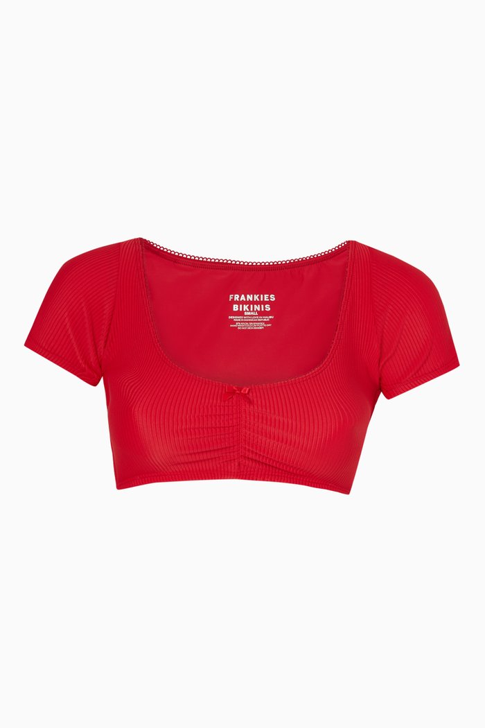 

Nicolette Bow Bikini Top in Ribbed Nylon, Red