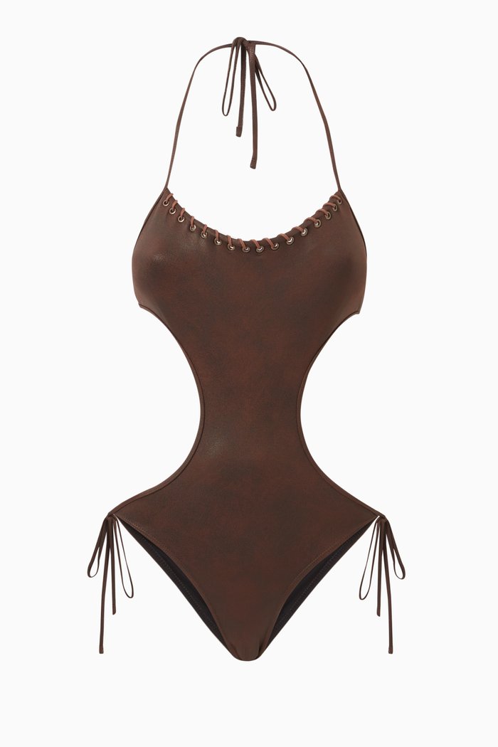 

Celeste One-piece Swimsuit in Stretch Faux-leather, Brown
