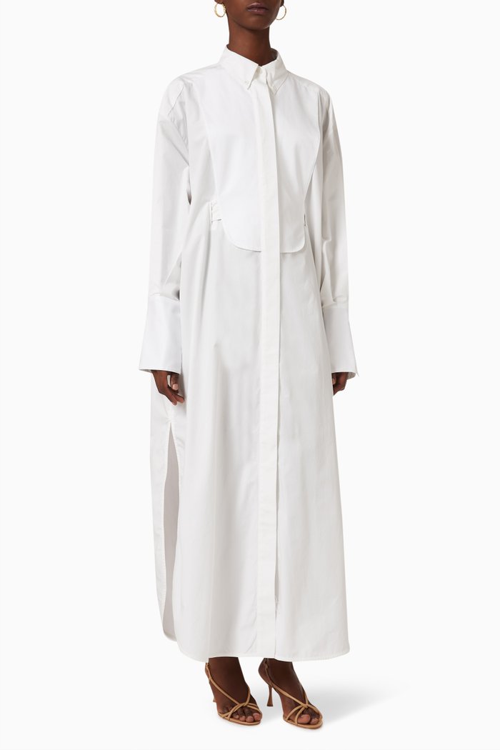 Tendril Bib Shirt Dress in Cotton Poplin, White