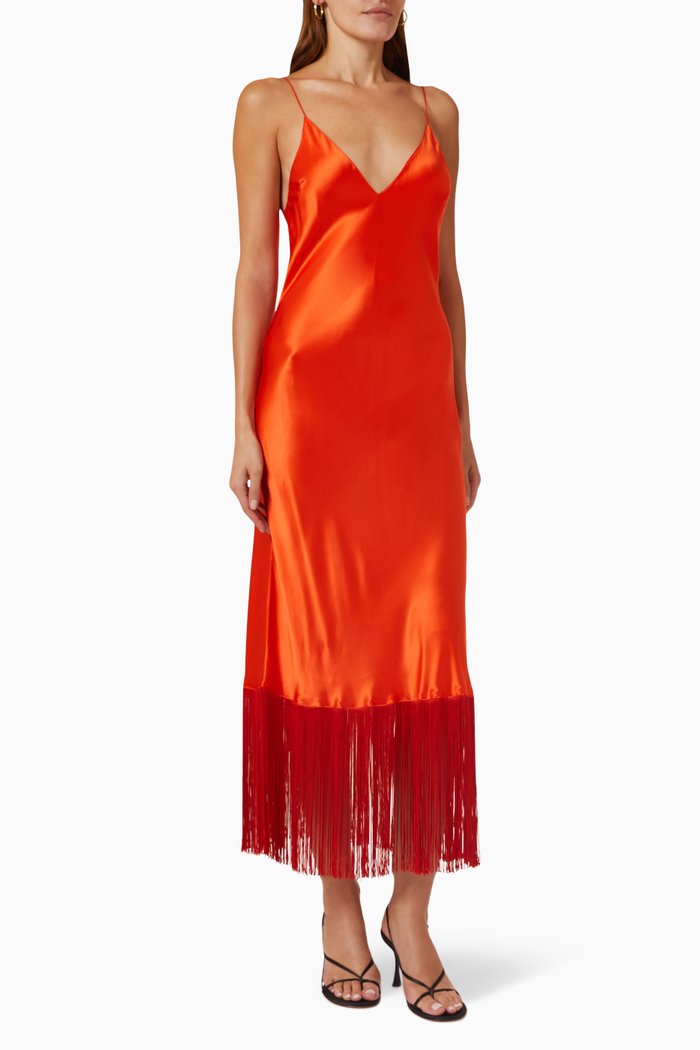 

Urchin Fringed Slip Dress in Satin, Red