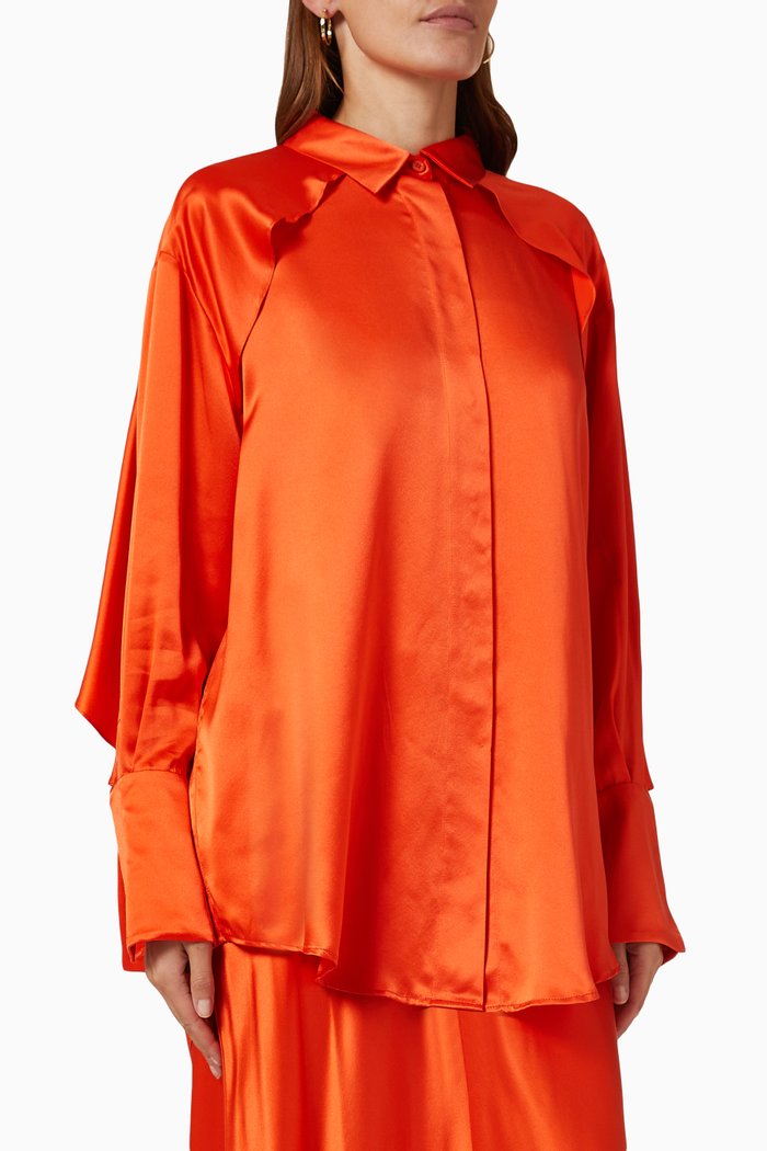 

Magma Draped Back Shirt in Silk Satin, Red