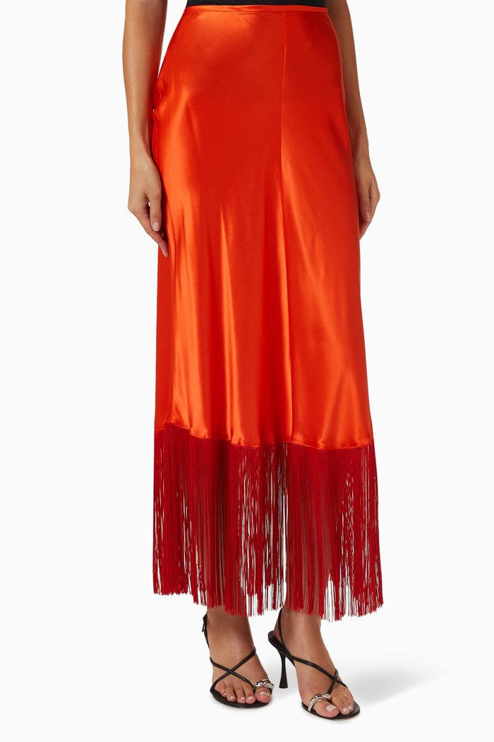 Urchin Fringed Slip Skirt in Silk, Red