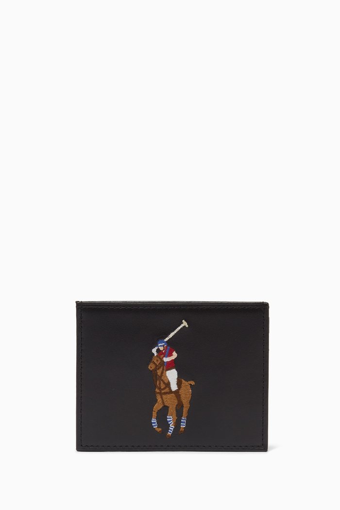 

Embroidered Polo Icon Card Case in Leather, Black