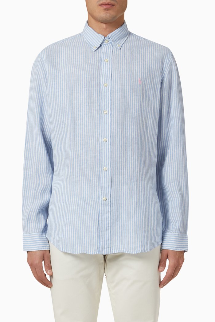 

Logo Stripe Patterned Shirt in Linen, Blue