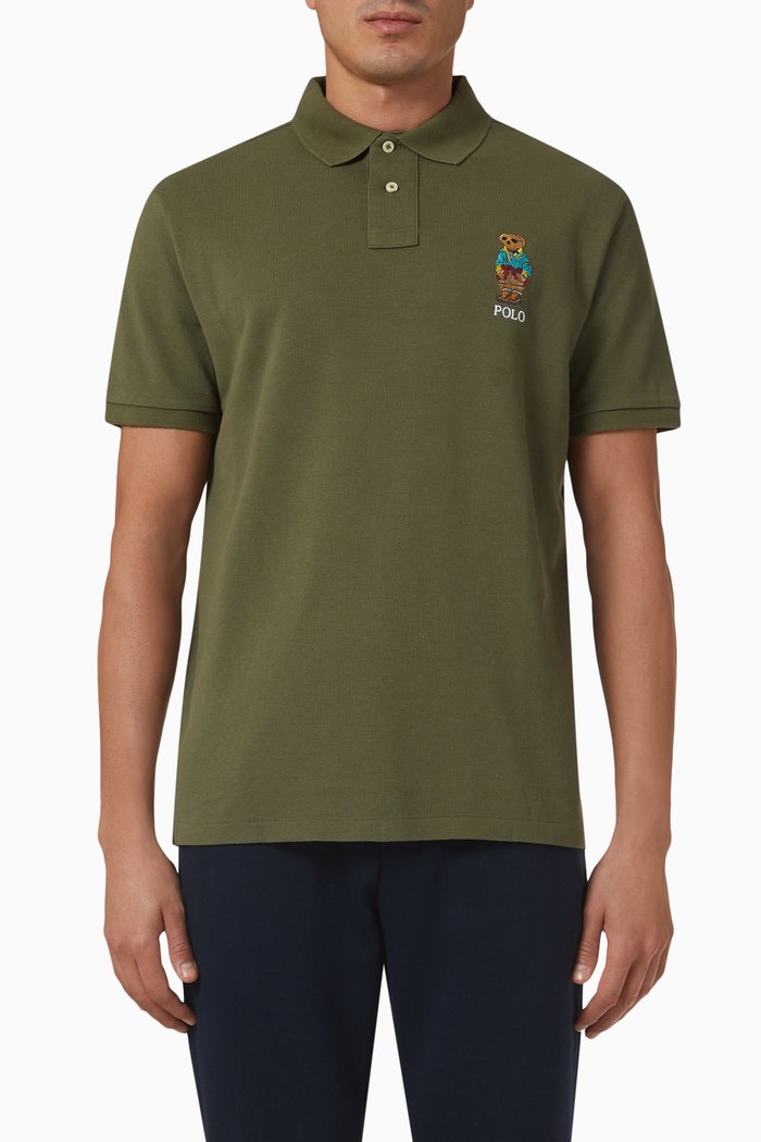 

Bear Embroidered Polo Shirt in Cotton, Green
