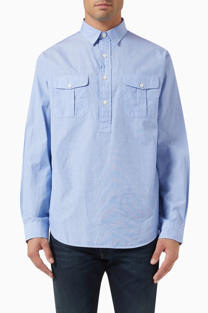 Long Sleeved Sport Shirt in Cotton, Blue