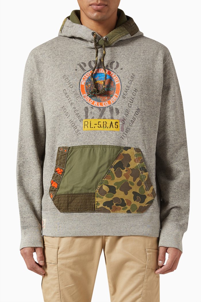 Camo-detail Hoodie in Fleece, Grey