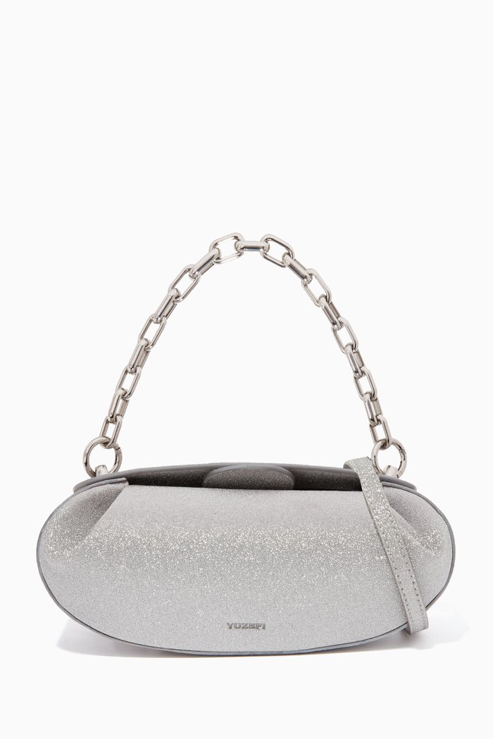 

Dinner Roll Top-handle Bag in Glitter Faux Leather, Silver