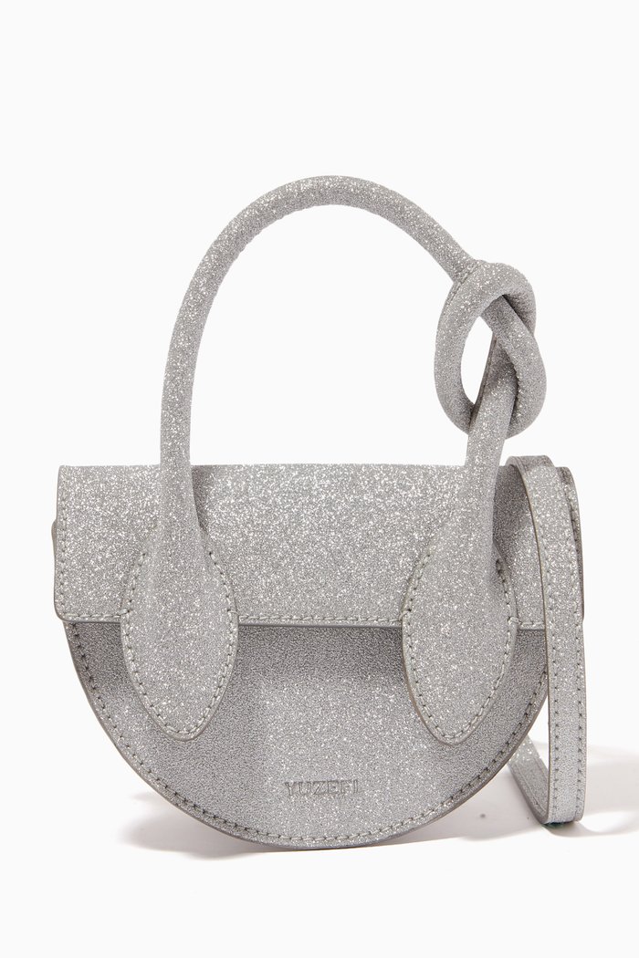 

Mini Pretzel Top Handle Bag in Glitter Faux Leather, Silver