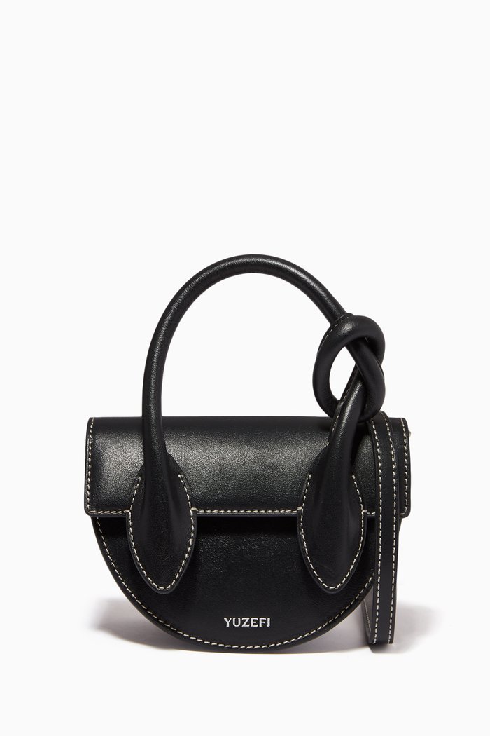

Mini Pretzel Top Handle Bag in Leather, Black