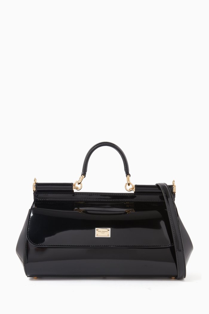 

Sicily Long Medium Top-handle Bag in Polished Leather, Black