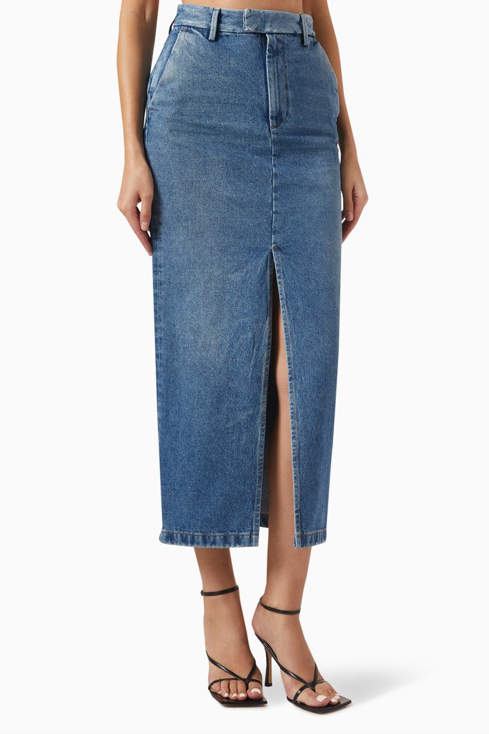 

Lula Pencil Midi Skirt in Denim, Blue