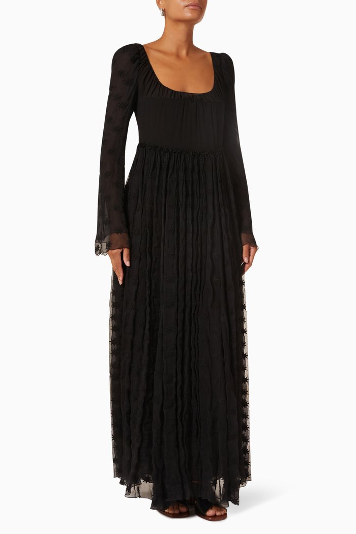 

Embroidered Maxi Dress in Silk, Black
