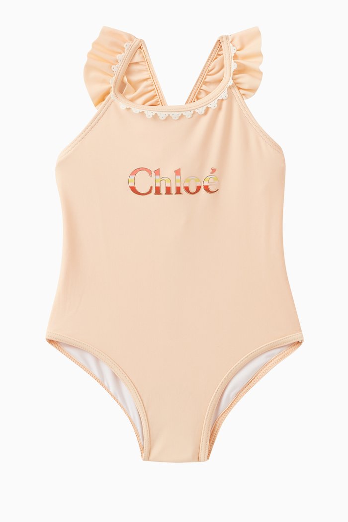 

Logo-print Ruffled Swimsuit in Recycled Stretch-nylon, Pink
