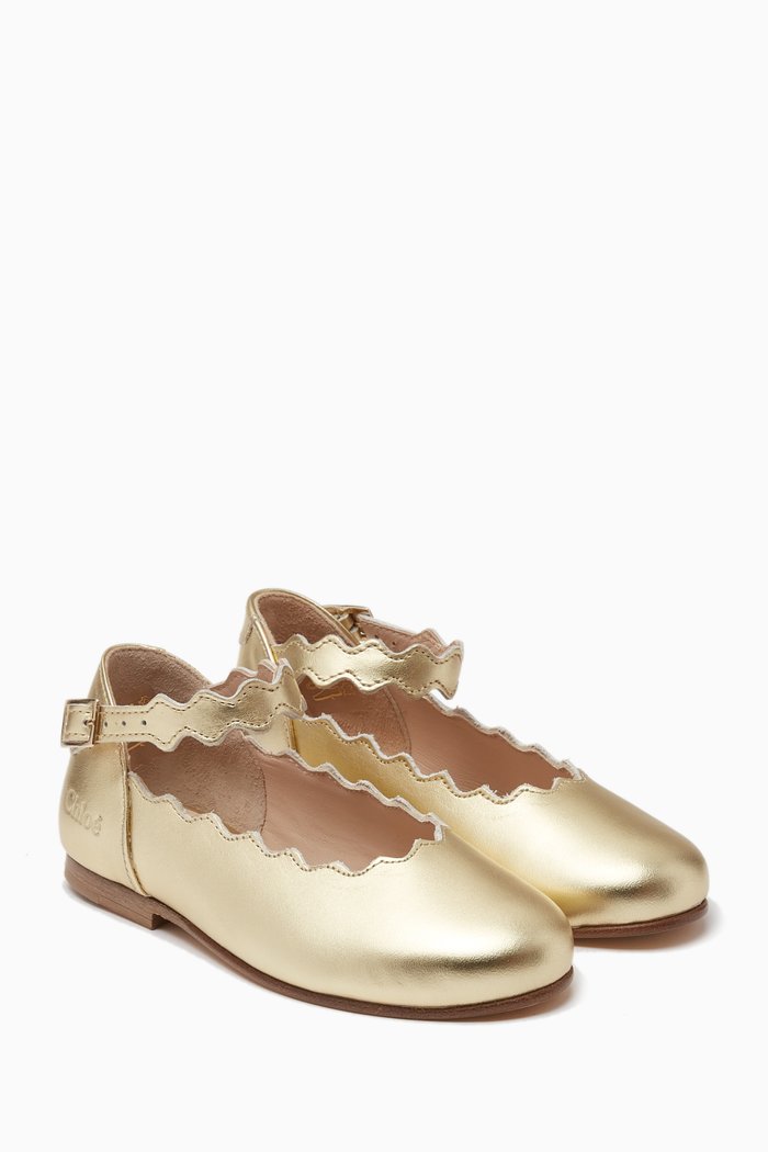 

Scalloped Metallic Sandals in Leather, Gold