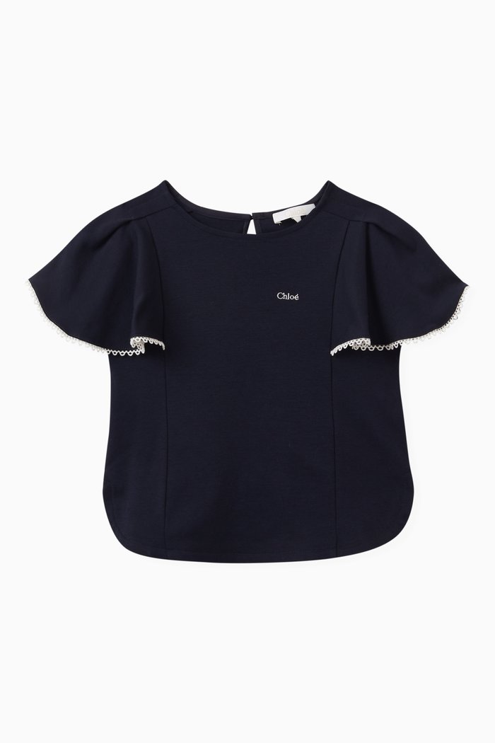 

Lace Trim Logo Top in Cotton, Blue