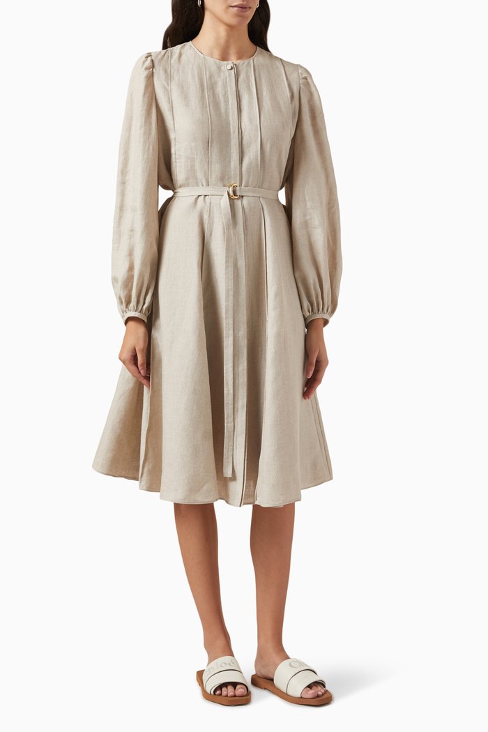 

Belted Midi Dress in Linen, Brown