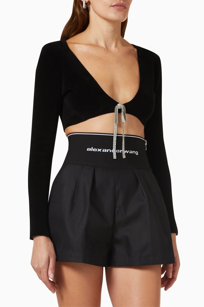 

V-neckline Crystal Tie Cropped Cardigan in Knit, Black