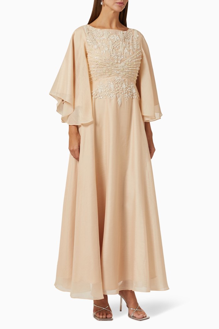 

Sequin Embroidered Maxi Dress in Linen & Organza, Neutral