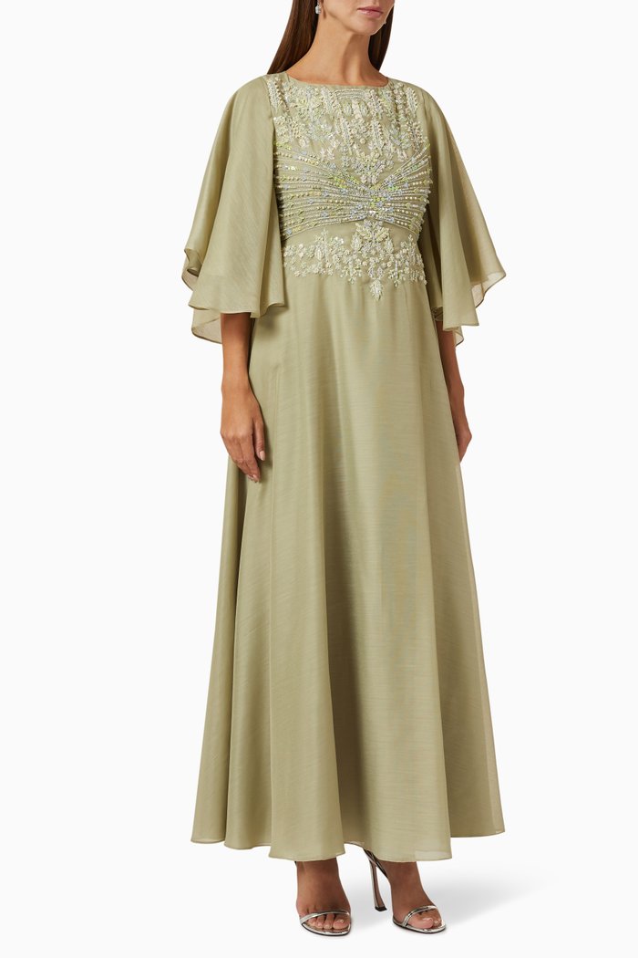 

Sequin Embellished Maxi Dress in Linen & Organza, Green