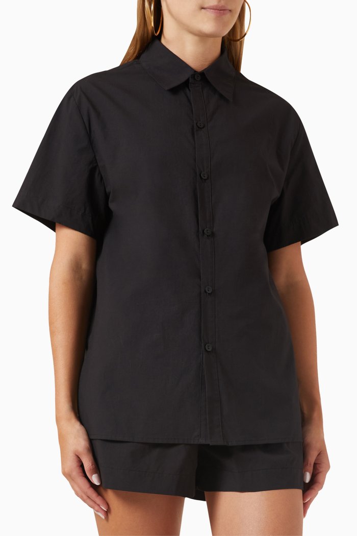 Relaxed Short-sleeve Shirt in Organic Cotton Poplin, Black