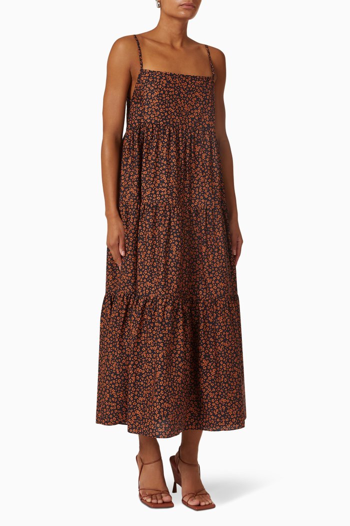 The Tiered Low Back Sundress in Cotton Poplin, Multicolour