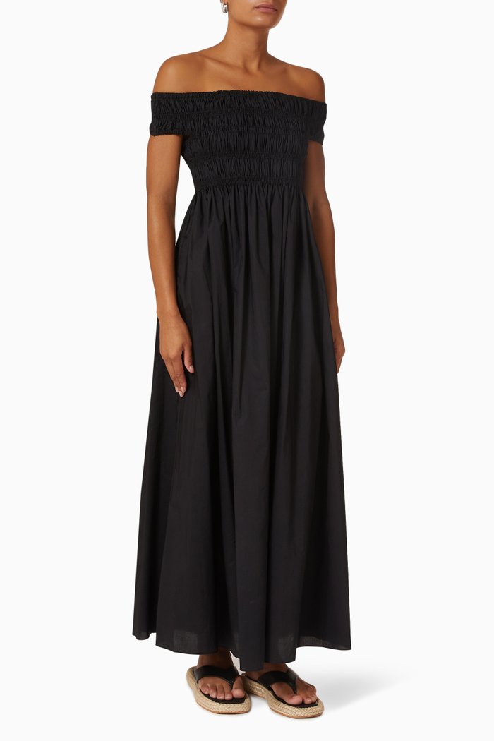 Shirred Off-shoulder Dress in Organic Cotton, Black