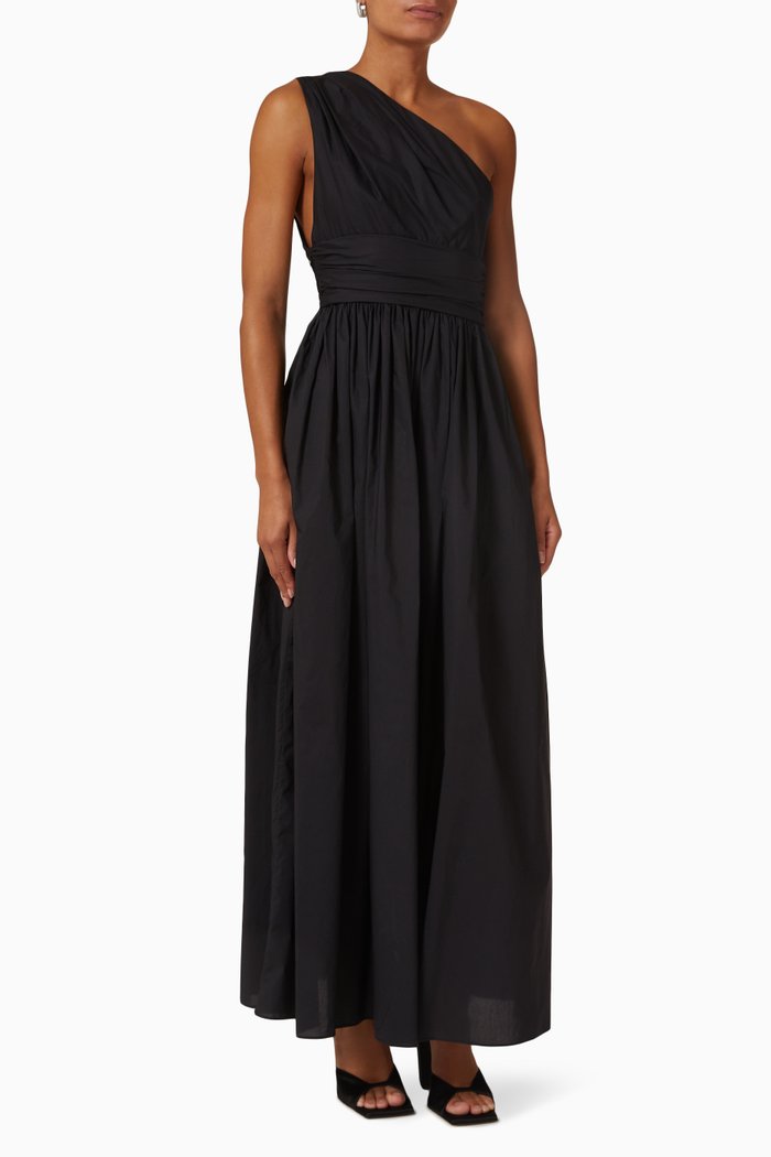 

Gathered One-shoulder Dress in Organic Cotton Poplin, Black