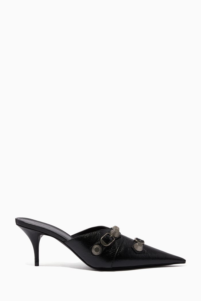 

Cagole 70 Mule Heels in Textured Leather, Black