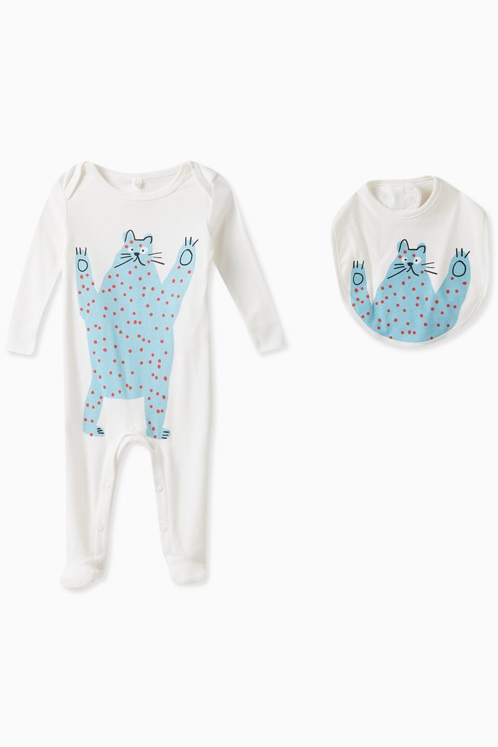 

Cat Print Sleepsuit and Bib, Set of Two, White