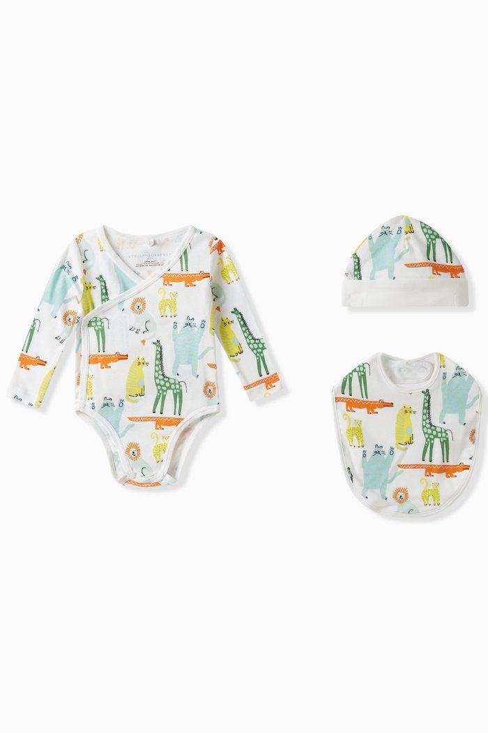 

Animal Print Bodysuit, Hat and Bib, Set of Three, Multicolour