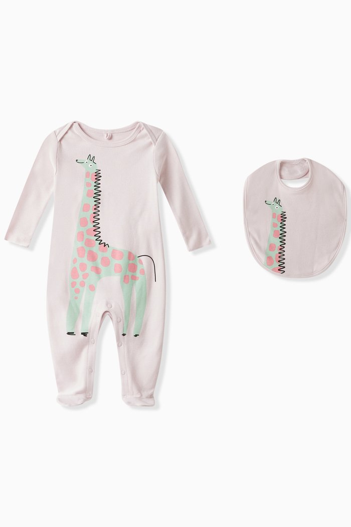 

Giraffe Print Sleepsuit and Bib, Set of Two, White