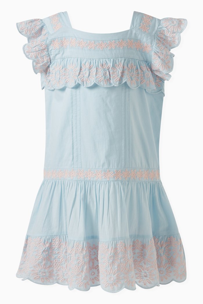 

Floral Embroidery Dress in Cotton, Blue