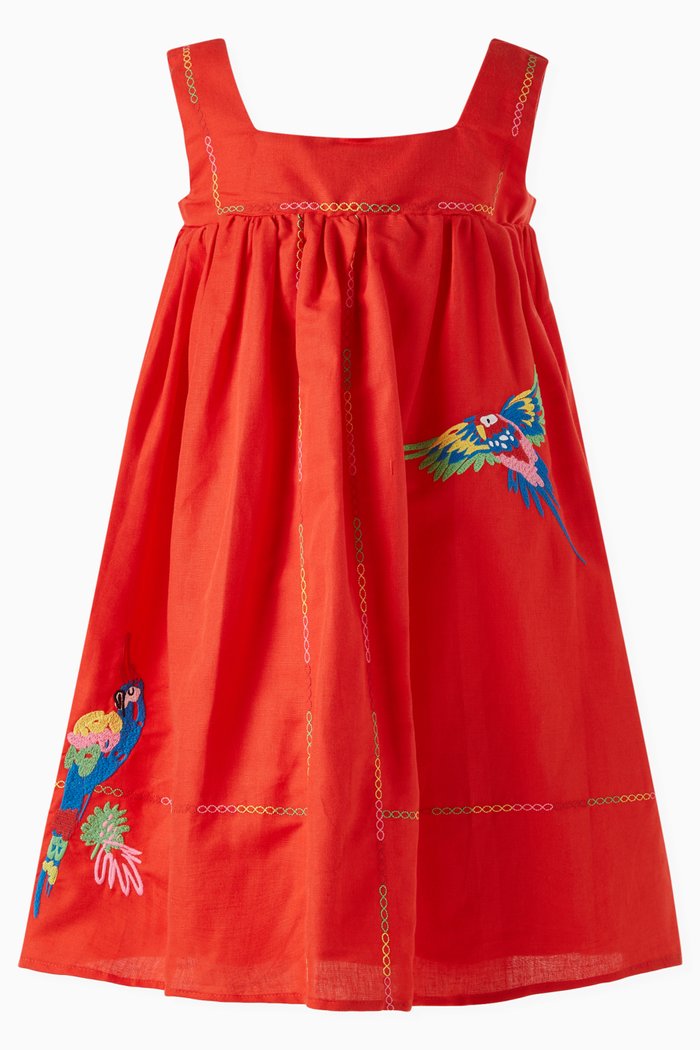 

Parrot Motif Dress in Cotton Linen, Red