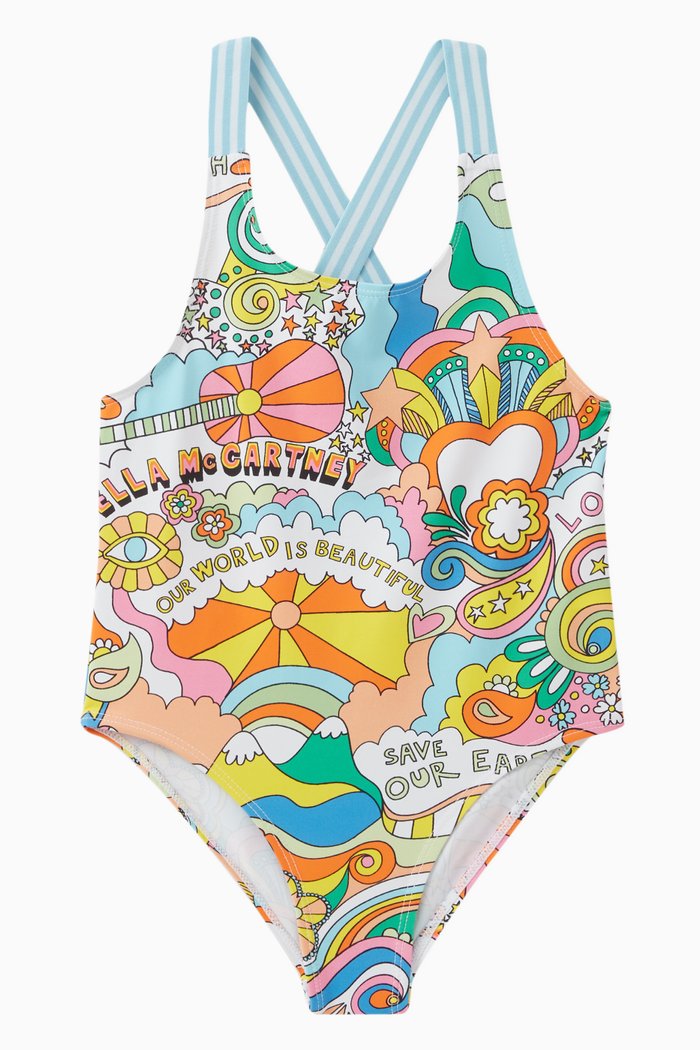 

Graphic Print One-piece Swimsuit in Technical Fabric, Multicolour