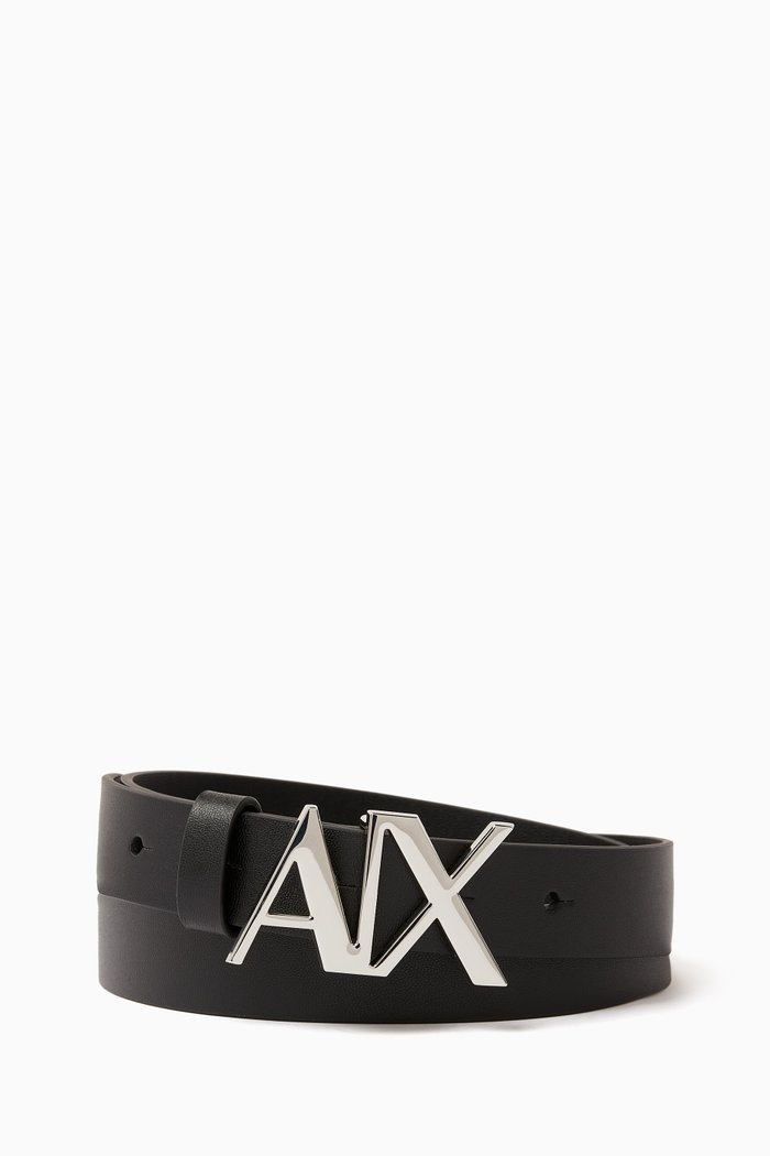 

AX Logo Buckle Belt in Leather, Black