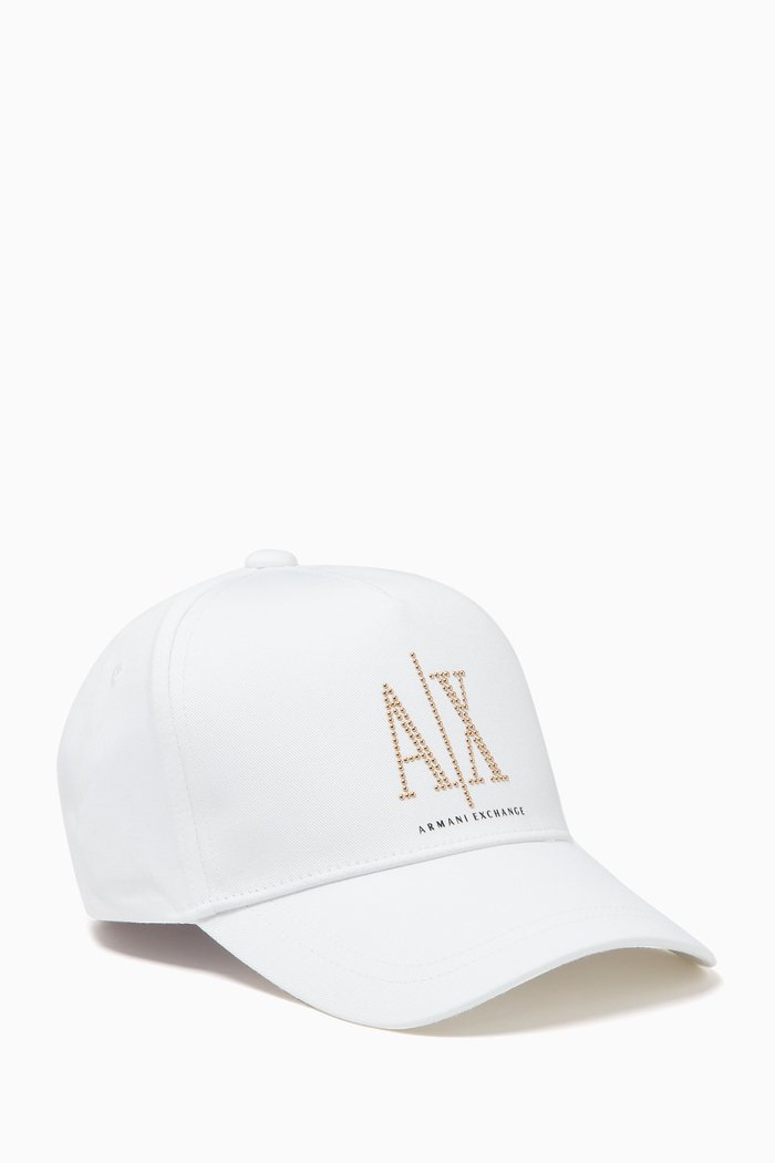 

Studded AX Logo Baseball Cap in Gabardine, White