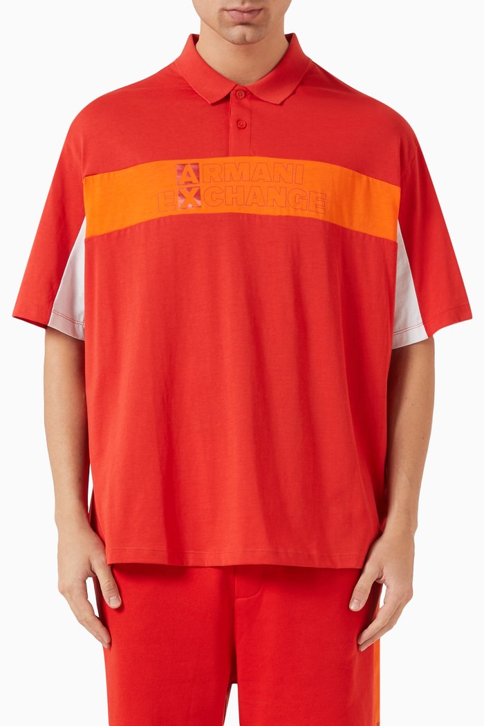 Colourblock Logo Tape Polo Shirt in Cotton, Orange