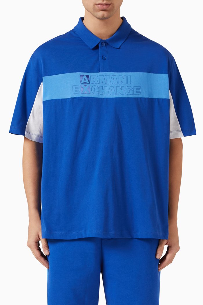 

Colourblock Logo Tape Polo Shirt in Cotton, Blue