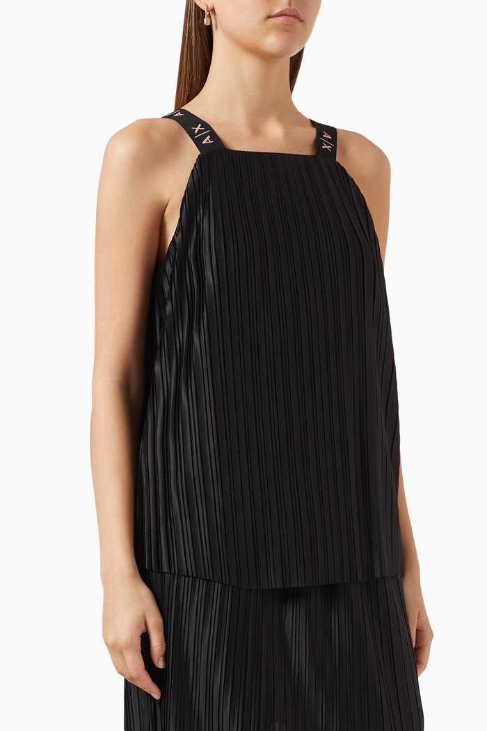 AX Logo Tape Top in Plissé Pleated Crepe, Black