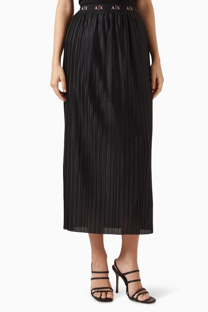 

AX Logo Tape Skirt in Plissé Pleated Chiffon, Black